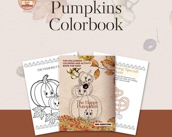 May include: Three Halloween-themed coloring books. The central book features a stack of smiling pumpkins with the text "The Happy Pumpkins." The other books have pumpkin and leaf illustrations. The text "Pumpkins Colorbook" is at the top.