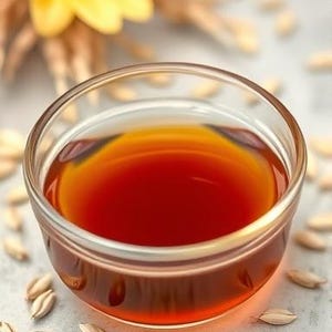 May include: A small glass bowl filled with a dark amber liquid, surrounded by light brown grains on a white surface.