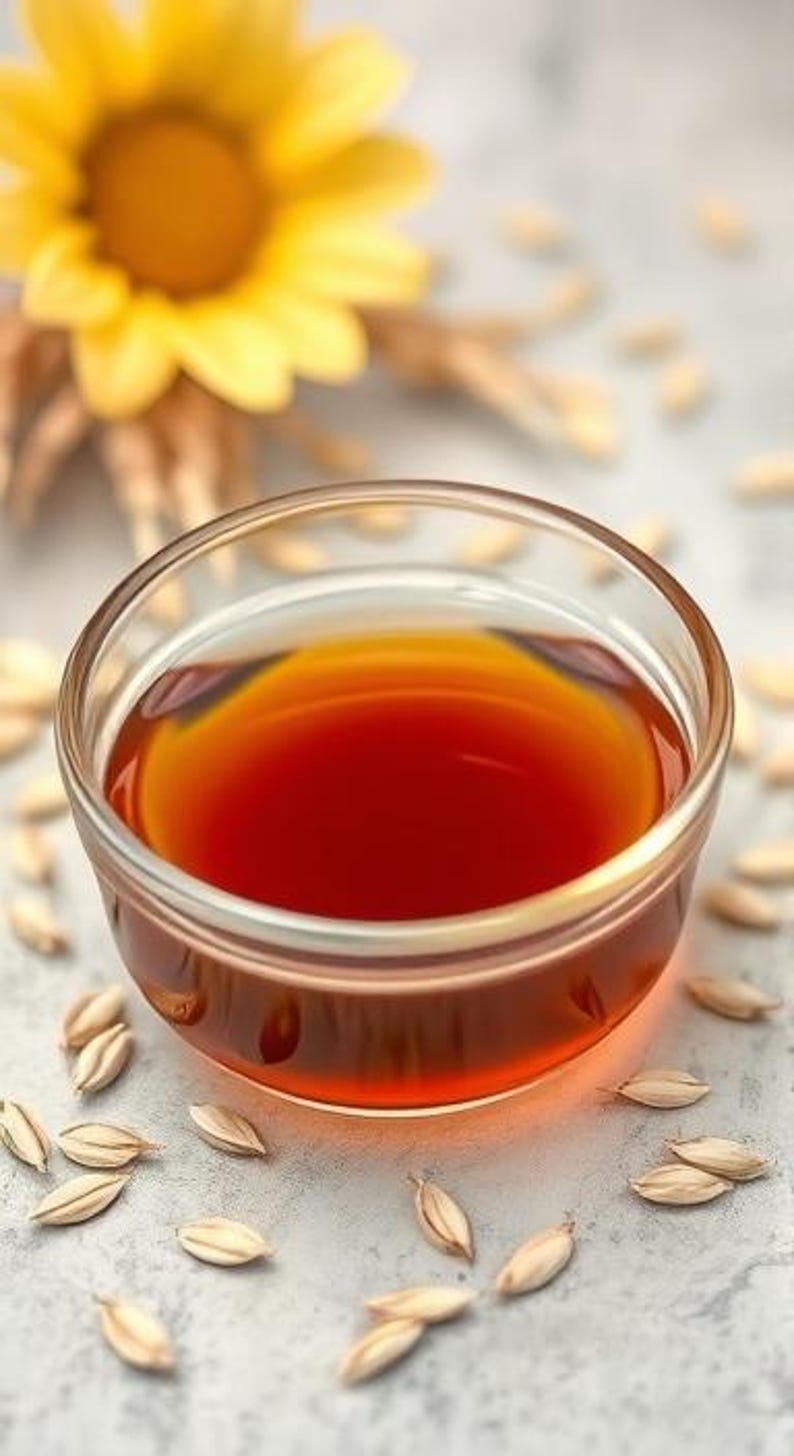 May include: A small glass bowl filled with a dark amber liquid, surrounded by light brown grains on a white surface.