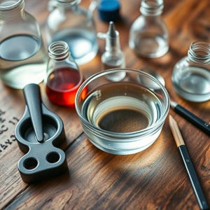 clear transparent liquid in a small glass bowl on oak wood table with scientific formulating tools, smallglass bottles without lids on, and two pencils.
For sale 10 grams of liquid germall plus preservative