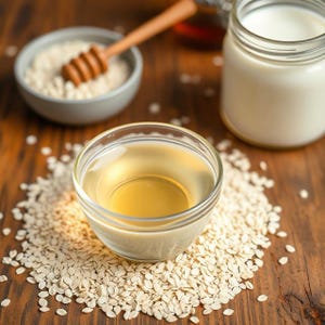 Può includere: Una ciotola di vetro piena di un liquido trasparente si trova su una superficie di legno circondata da un mucchio di avena. Un barattolo di latte e un mestolo di miele sono visibili sullo sfondo.