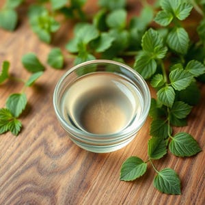 May include: A clear glass bowl filled with a light yellow liquid, surrounded by green leafy plants on a wooden surface.