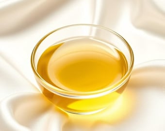 May include: A clear glass bowl filled with a golden yellow liquid, sitting on a white satin fabric.
