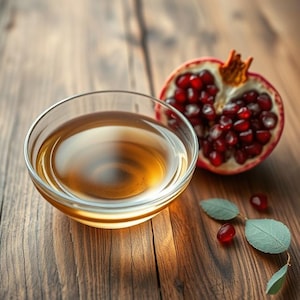 Könnte beinhalten: Eine Glasschüssel gefüllt mit einer goldenen Flüssigkeit, wahrscheinlich Granatapfelsaft, steht auf einer Holzoberfläche neben einer halbierten Granatapfel mit roten Kernen.