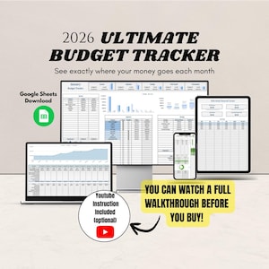 Könnte beinhalten: Ein digitales Budget-Tracking-Tool, das auf einem Laptop, Desktop-Monitor, Tablet und Smartphone angezeigt wird. Der Text lautet "2026 Ultimate Budget Tracker" und "Sehen Sie genau, wohin Ihr Geld jeden Monat fließt." Enthält einen Google Sheets-Download und eine YouTube-Anleitung.