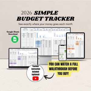 May include: A digital budget tracker for 2026, displayed on multiple devices including a laptop, desktop, tablet, and smartphone. The image includes the text "2026 SIMPLE BUDGET TRACKER" and "See exactly where your money goes each month."