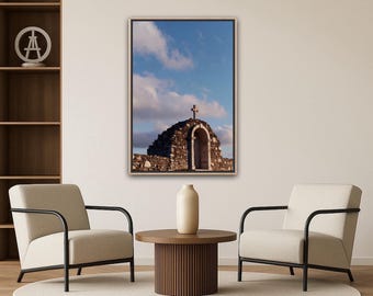 Minimalistische christelijke muurkunst, moderne kruisarchitectuurprint, rustlandschap, neutraal esthetisch religieus decor, digitale download