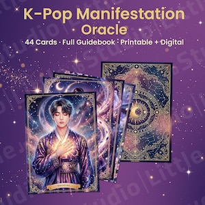 Könnte beinhalten: K-Pop Manifestation Oracle Kartendeck mit 44 Karten und einem vollständigen Handbuch in druckbaren und digitalen Formaten. Die Karten zeigen himmlische, sternenklare violette Hintergründe mit goldenen Filigranrändern und eine Illustration in traditioneller Kleidung.