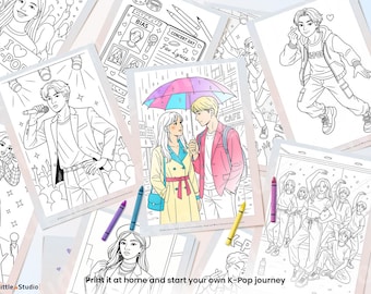 K-Pop Coloring Book Digital 10 Pages | Idol Portraits, K-Drama Scenes, Manga Style | Printable A4 Letter iPad GoodNotes