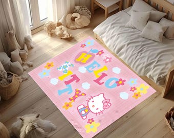 Kids rug hello kitty pink, Kawaii Rug for Kids Bedroom, Pink Carpet for Girls' Bedroon, Washable Non-Slip Area Rug, Custom Gift for Daughter