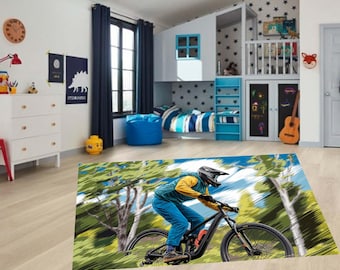 Custom Mountain Bike Rug, Thriller Sports Theme Non-Slip Floor Mat, Nature Scene Modern Home Decor, Teen Room Digital Print Carpet
