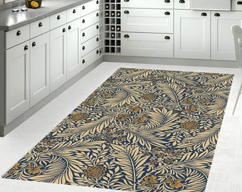 William Morris Style Rug, Navy Blue and Mustard Yellow Floral Digital Print Rug, Art Nouveau Patterned Luxury Home Decor, Washable Non Slip