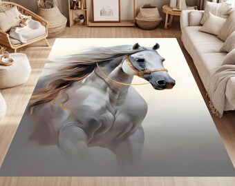 White Arabian Horse Rug, Oil Painting Effect Horse Carpet, Equestrian Gifts, Horse Lover Gift, Wild Horse Print Rug, Animal Room Decor