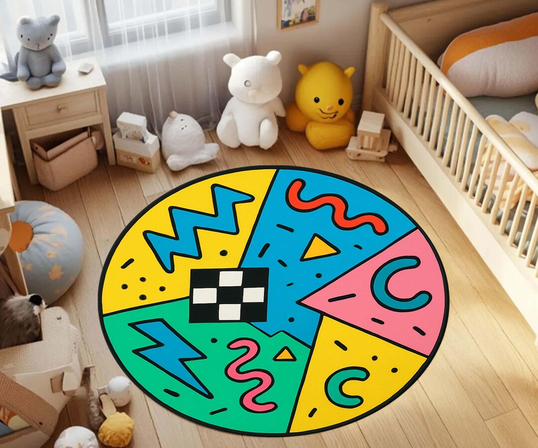 Retro 90s Memphis Style Circular Rug, Kids Room Rug, Colorful Carpet ...