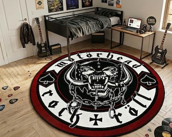 Motorhead Round Rug, Rock and Roll Carpet, Heavy Metal Home Decor, Snaggletooth Warpig Floor Mat, Music Studio Decor, Gift for Metalhead