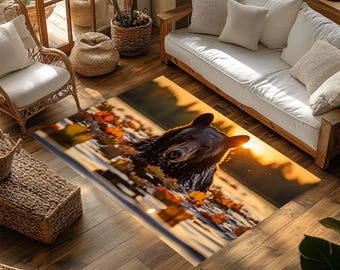 Bear and Sunset Rug | Autumn Leaves Wildlife Decor