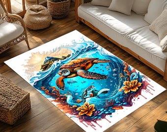 Descarga digital de una alfombra con estampado de tortuga marina / Diseño de alfombra imprimible bajo el océano para decoración del hogar DIY