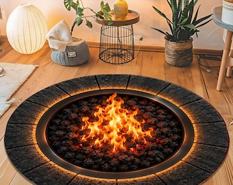 Alfombra redonda 3D con diseño de fogata acogedora, alfombra con llamas de fuego reales, alfombra circular moderna negra para el suelo.