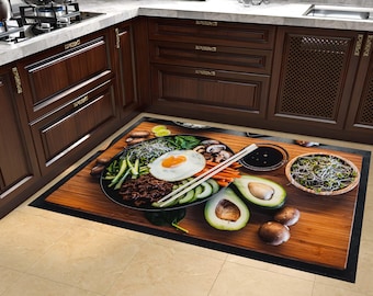 Colorful Korean Bibimbap Print Rug, Washable Kitchen Carpet with Food Pattern, Non-Slip Kitchen Decor, Easy to clean for busy kitchens
