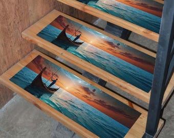Ocean Sunset Carpet Stair Treads, Sailboat at Sea Stair Rugs, Dreamy Waterscape Non-Slip Stair Mat, Coastal Home Decor Set
