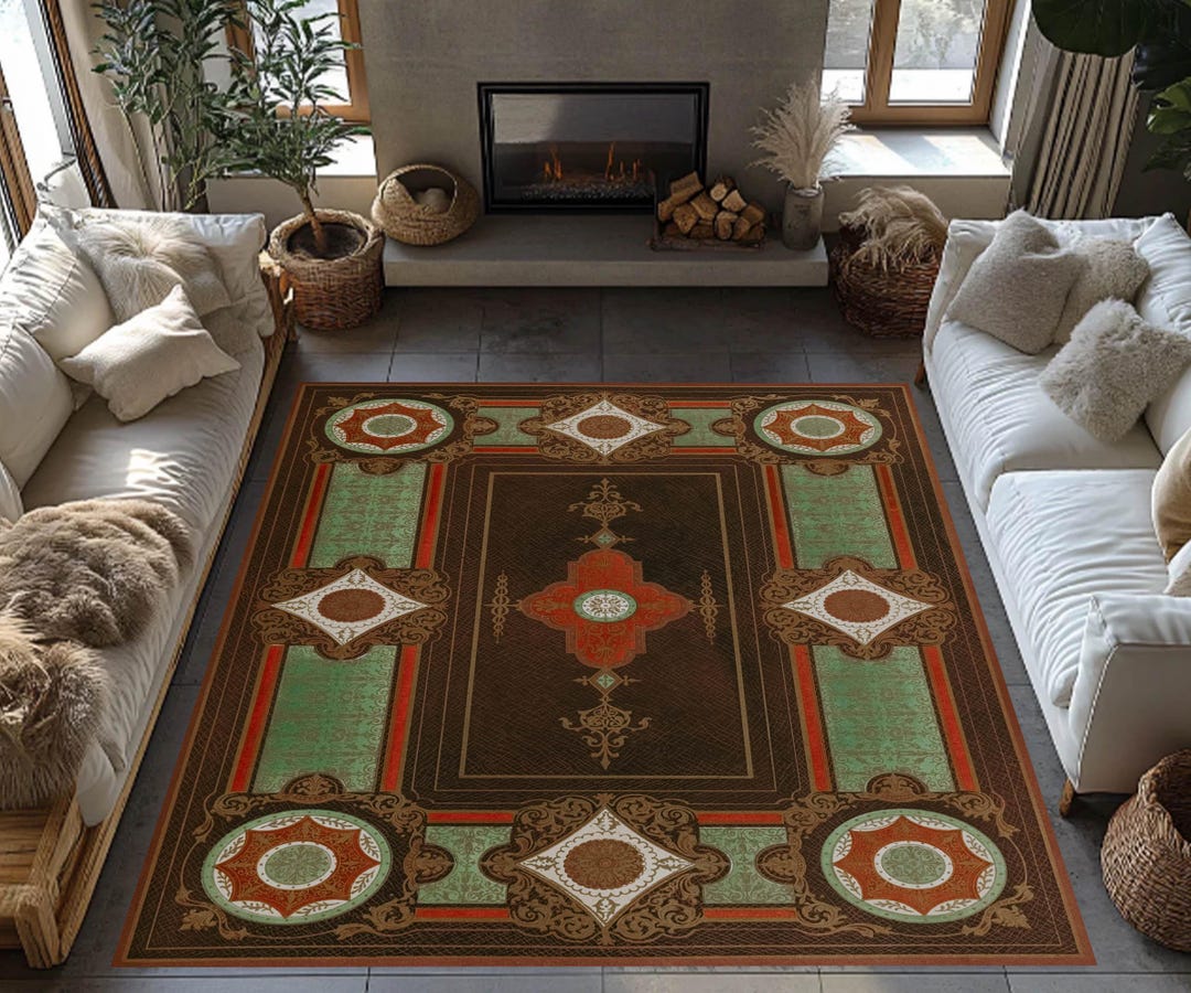 Revival Rugs Salt Biscotti Historical Decorative Rug, Gothic Revival Rug, Dark Brown and Forest ...