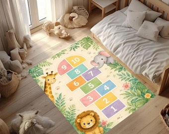 Safari Hopscotch Rug Kids Play Mat Jungle Nursery Decor Cute Lion Giraffe Playroom Carpet Pastel Floor Mat Large Interactive Toddler Game