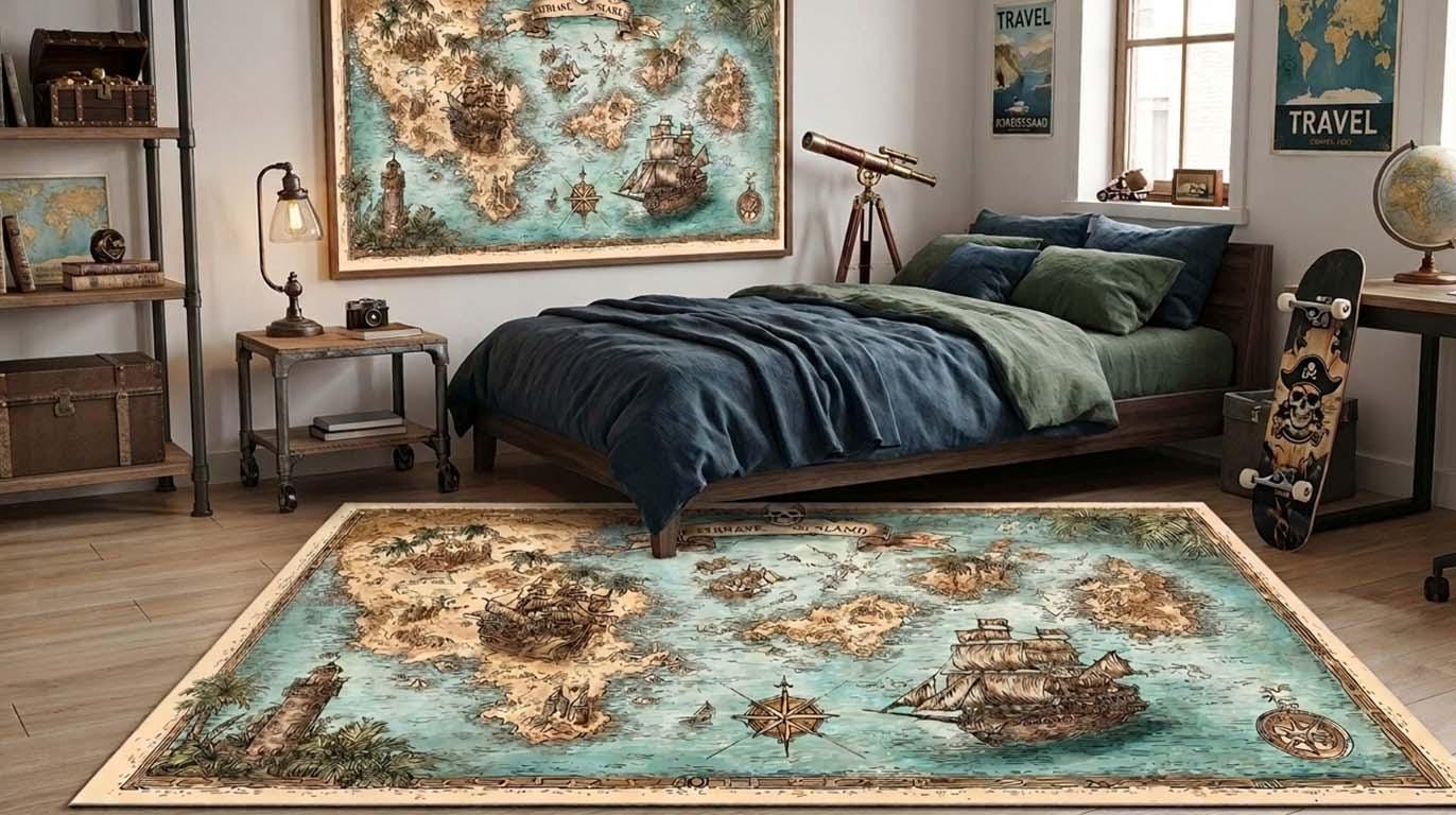 Pirate Rug Texture Pirate Theme Rug, Vintage Pirate Map Rug, Treasure Island Area Rug for ...