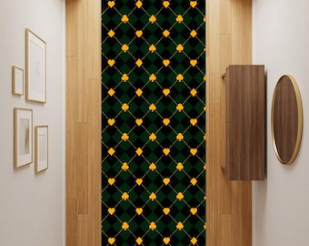 Alfombra de pasillo con estampado de rombos verdes y negros, ideal para póker de casino y decoración elegante para habitaciones.