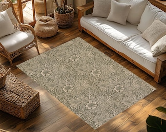 William Morris Style Rug, Olive Green Arts and Crafts Area Rug, Vintage Botanical Carpet, Neutral Cottagecore Decor, Non-Slip Washable Mat