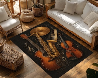 Music Instruments Rug, Vintage Jazz Studio Decor, Guitar Saxophone Piano Violin Carpet, Musician Gift Idea, Classic Music Room Floor Decor