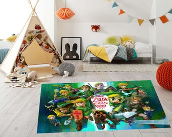 The Legend of Zelda Rug, Retro Video Game Room Decor, Nursery Adventure Play Mat, Non-Slip Washable Digital Print Carpet for Gamers