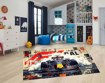 Formula 1 Rug, F1 Racing Digital Printed Carpet, Motorsport Decor Rug, Racing Car Art, Modern Sports Boys Room Decor, Grand Prix Fan Gift