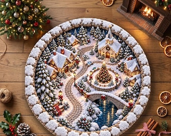 Alfombra redonda navideña 3D con diseño de pueblo invernal - Alfombra festiva navideña con diseño de pueblo nevado.