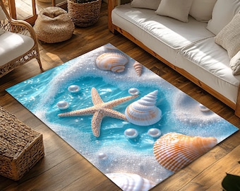 Alfombra costera con conchas marinas y estrellas de mar, decoración de playa con perlas oceánicas, color turquesa para el hogar.