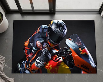 Motorracekleed in Jack Miller-stijl, MotoGP-vloerkleed, digitaal tapijt met print van Moto Racing Engine, motordecor, wasbaar antisliptapijt