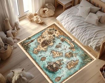 Pirate theme rug, Vintage Pirate Map Rug, Treasure Island Area Rug for Kids Room, Antique Nautical Chart Carpet, Pirate Island Floor Mat,