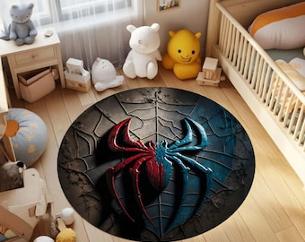 Spider Round Rug, Superhero Kids Room Decor, Red Blue Gamer Area Carpet, Non-Slip Washable Play Mat, Teen Room Decor, Marvel Fan Gift Idea