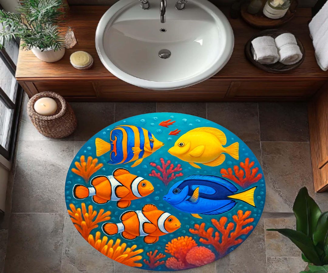 Water Rug Round Fish Patterned Round Rug, Underwater Marine Life Kids Room Rug ...