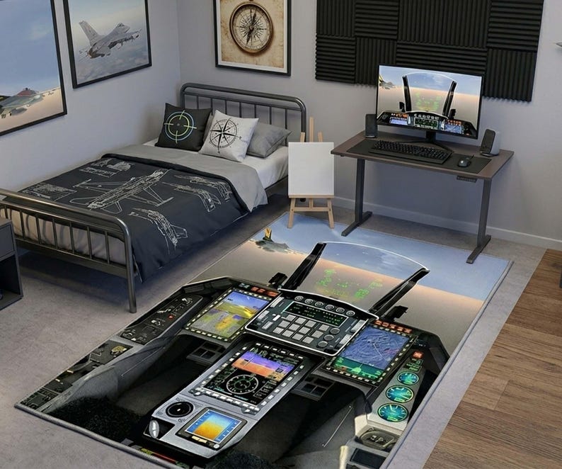 Fighter Jet Rug, Military Plane Cockpit Carpet, Aviation Decor for Boys ...
