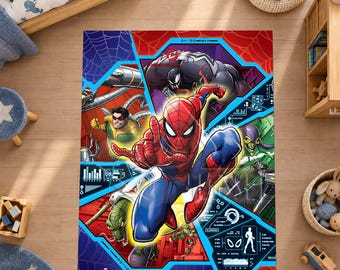 Alfombra de Spiderman, alfombra con temática de cómics, decoración para habitaciones infantiles, alfombra para salas de videojuegos, arte de pared inspirado en superhéroes, regalo para dormitorio de niños