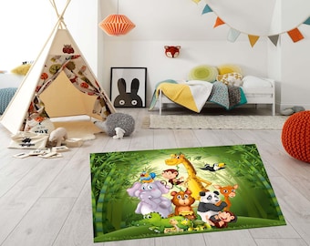 Jungle Nursery Decor, Childrens Room Carpet, Cartoon Zoo Animal Play Mat, Safari Theme Bedroom Rug, Large Area Rug for Playroom