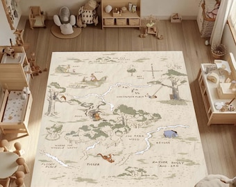 Tappeto per cameretta bambini con mappa del bosco di Winnie the Pooh, tappeto per neonati con Winnie the Pooh, tappeto con orsetto delle fiabe, tappetino da gioco con mappa del bosco dei 100 acri, regalo decorativo di Winnie.