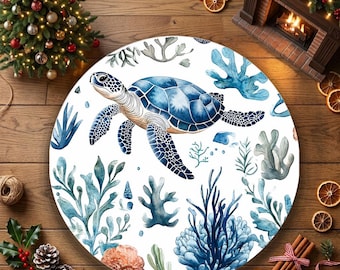 Alfombra 3D acogedora con diseño de tortuga costera, decoración de vida marina del océano azul, alfombra para casa de playa.