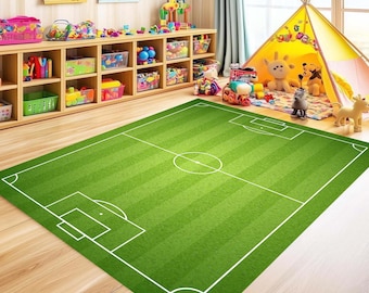 Football Pitch Rug for Kids Bedroom, Soccer Field Area Rug for Boys Room, Sports Themed Play Mat, Non-Slip Washable Digital Printed Carpet