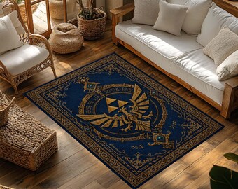 Alfombra de Zelda, alfombra para área de juegos Triforce, alfombra grande antideslizante con el escudo de Hyrule, decoración para sala de juegos, alfombra vintage dorada y azul, regalo para fans de Nintendo