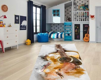Watercolor Guitar Area Rug, Music Room Decor, Artistic Acoustic Guitar Floor Carpet, Gift for Musicians, Musical Themed Non-Slip Washable