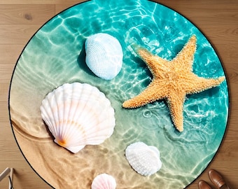 Alfombra costera 3D con diseño de playa, océano turquesa, conchas marinas y estrellas de mar.