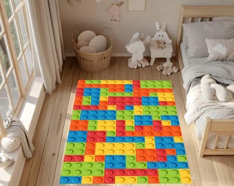 Colorful Building Blocks Rug, Kids Bedroom Decor, Kids Playroom Carpet, Nursery Area Rug, Educational Toy Theme Rug, Washable Non-Slip Mat