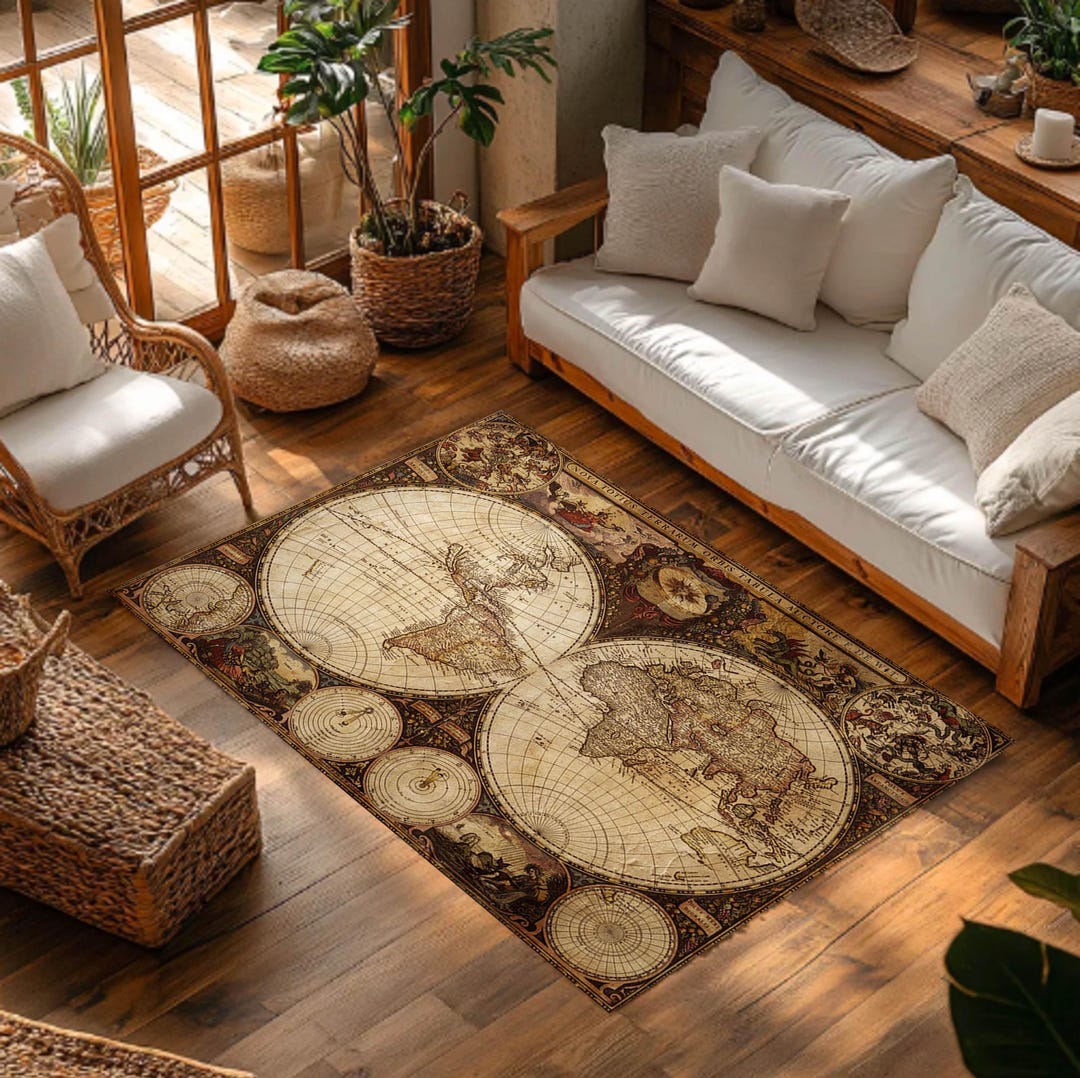 Traveling Rug Vintage World Map Rug, Antique Atlas Map Area Carpet, Old World Map ...