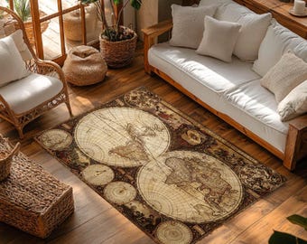 Vintage World Map Rug, Antique Atlas Map Area Carpet, Old World Map Area Rug, Geography Decor Rug, Explorer Travel Rug, Non-Slip Washable